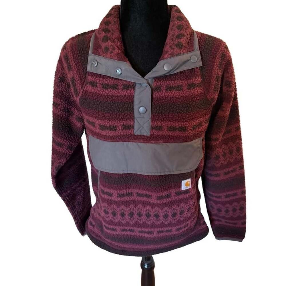 Carhartt Relaxed Fit Fleece Pullover Size XS Burgundy Aztec Snap Mock Neck